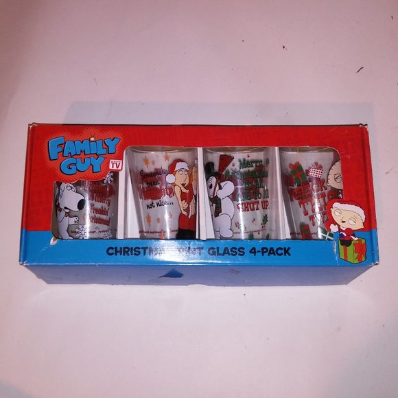 Family Guy Christmas Pint Glass 4 Pack Set Cartoon Gift Stewie 6" Tall Preowned - Picture 1 of 10